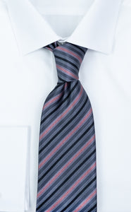 Necktie 100% Silk Red Grey black Stripes